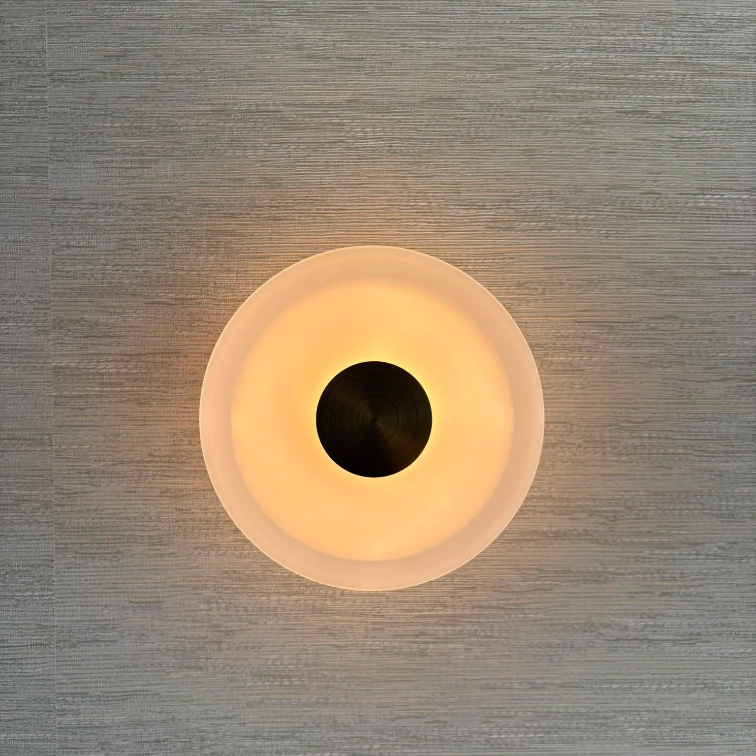 Circular frosted glass wall sconce with dark centre on textured wallpaper